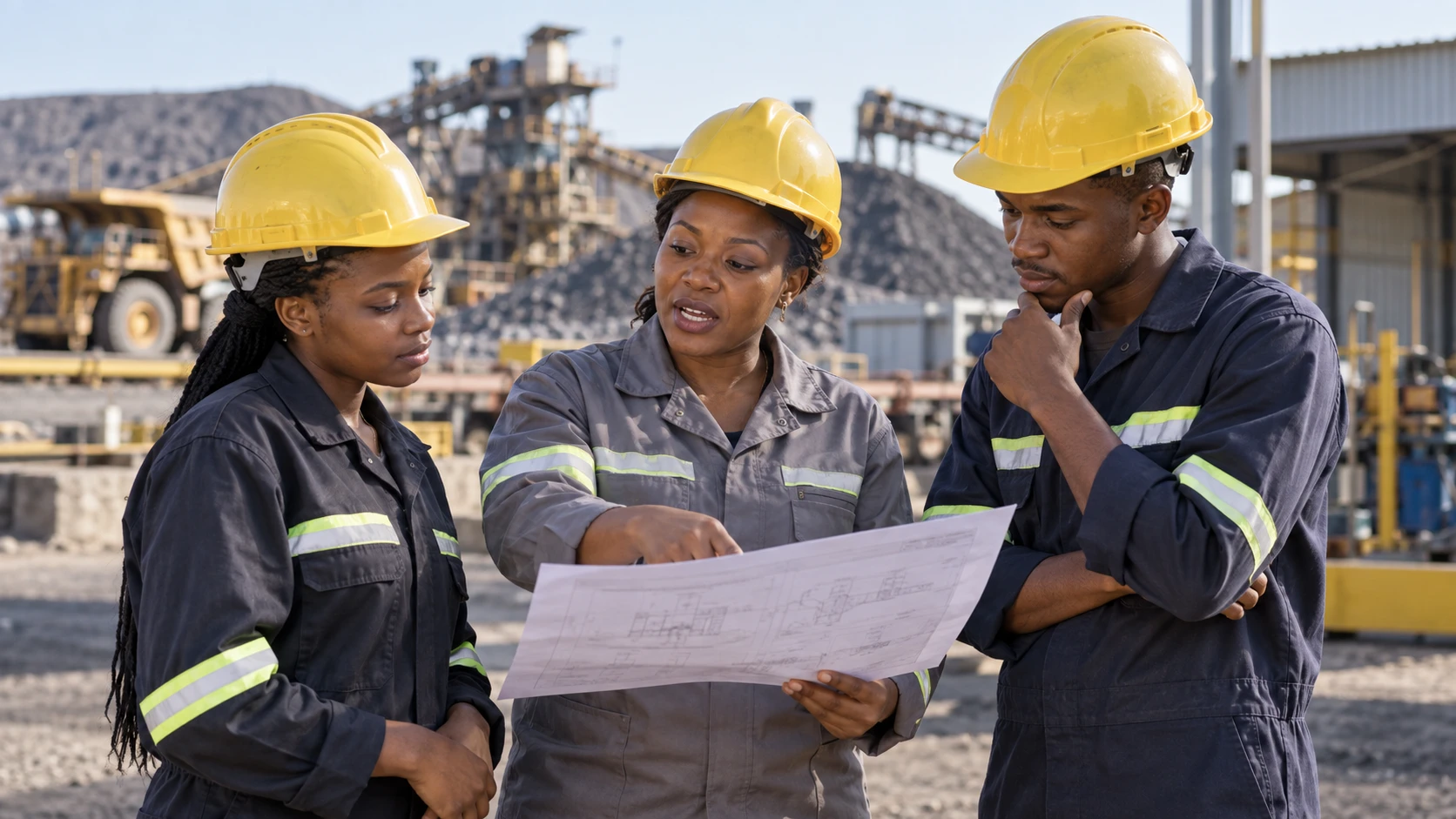 Illustrative image of trainees reviewing a technical sheet with an instructor at a mining facility